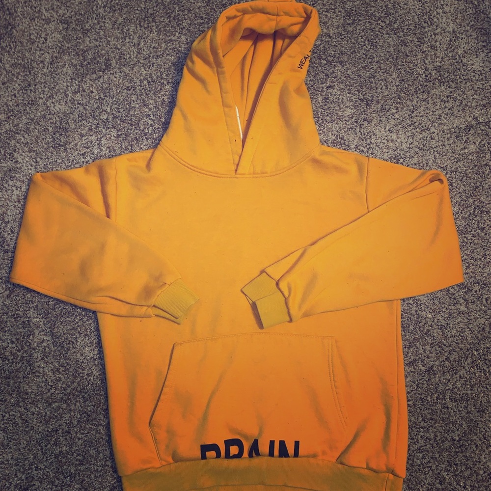 Heavy yellow hoodie with lettering accents